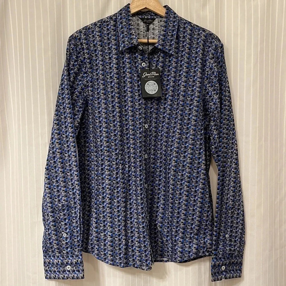 NWT!! GOOD MAN BRAND - Long Sleeve Button-Down Dress Shirt - Blue Sketch Geo - Picture 4 of 7
